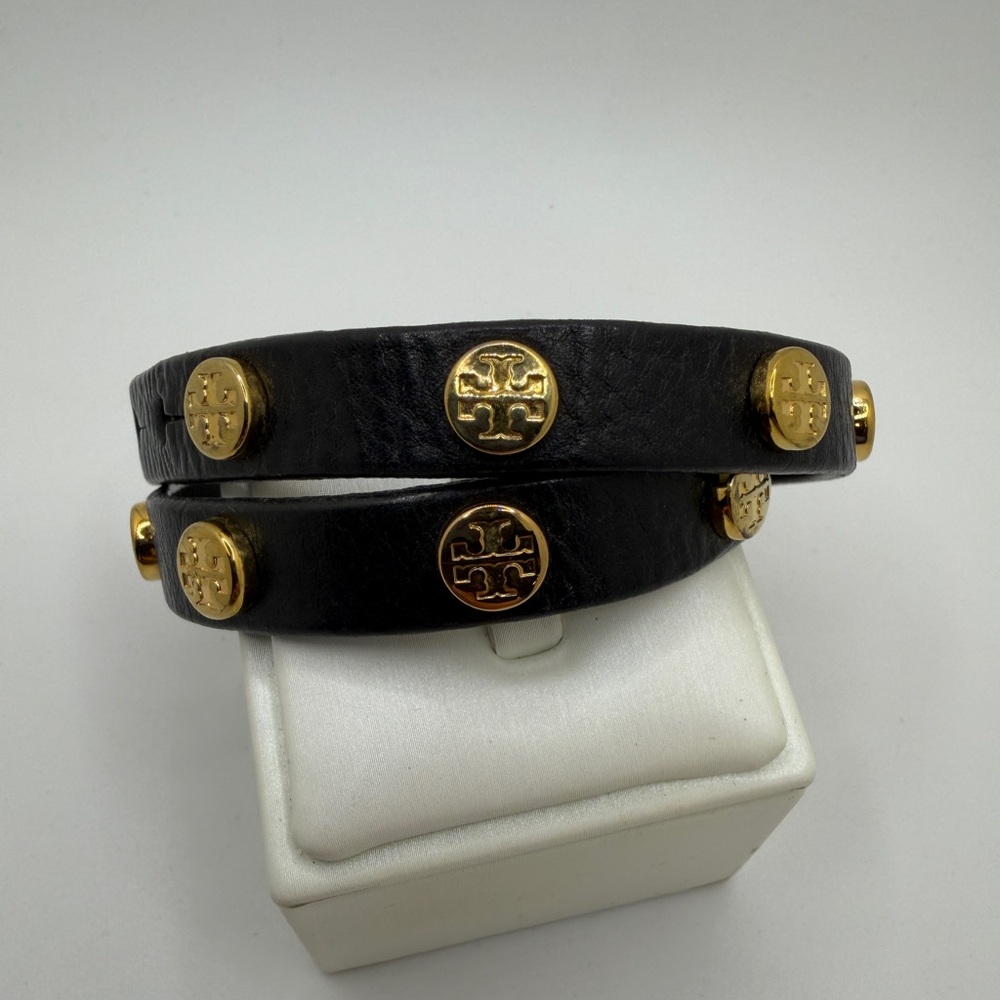 Tory Burch black leather and gold tone studded‎ double wrap bracelet!
